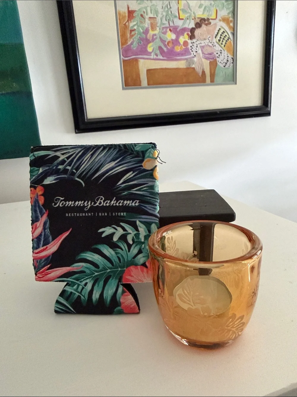 Tommy Bahama Jacquard Tea Light Orange Glass Candle Holder and a Drinks Cozy
